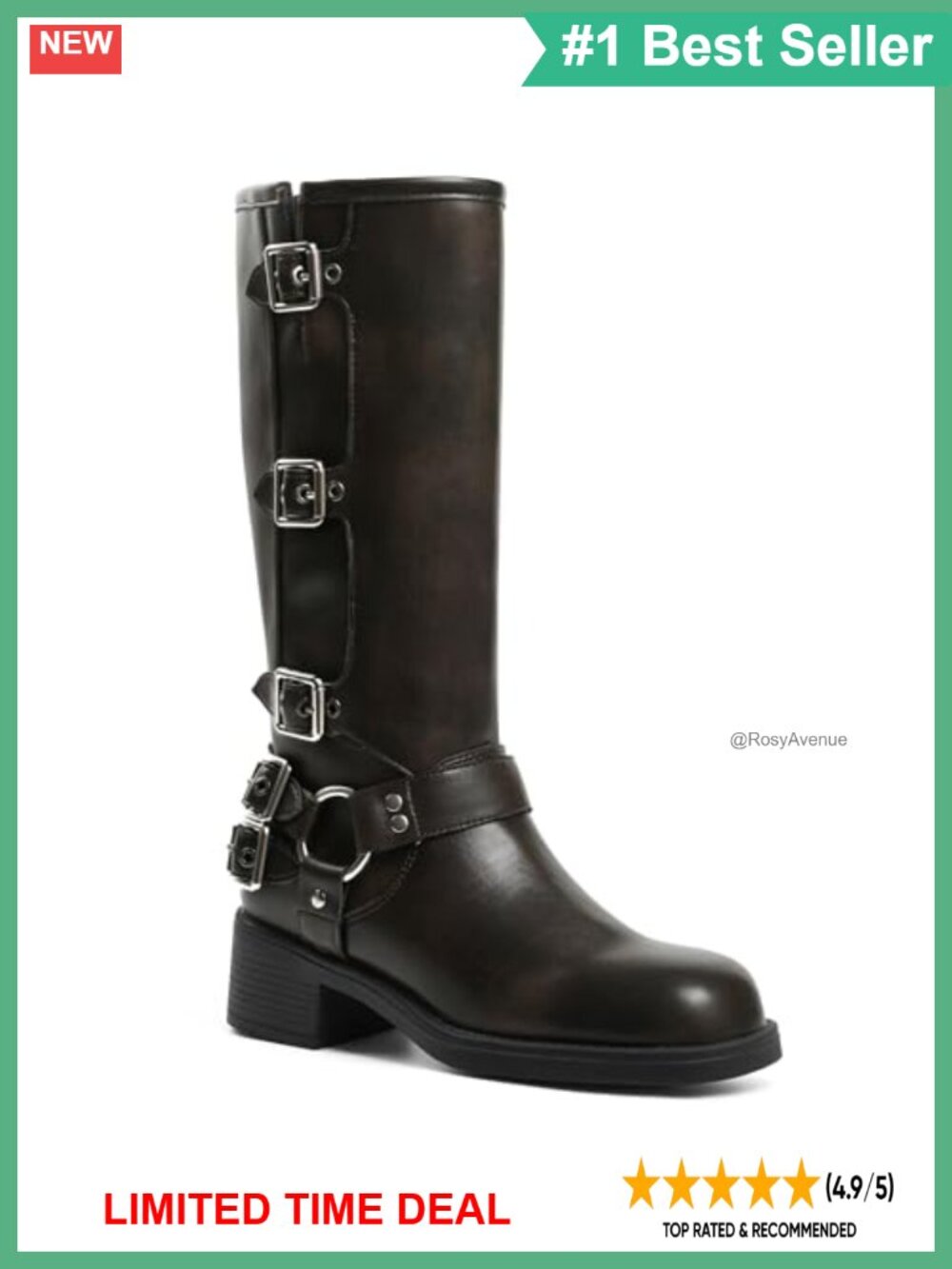 Knee High Moto Biker Boots with Buckle, 2" Chunky Block Heel, Square Toe,